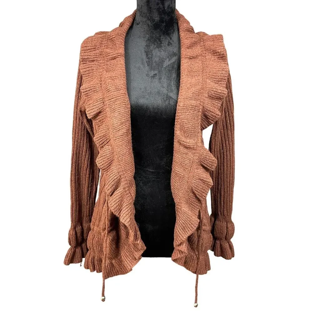 Jon & Anna Womens Size M Brown Ruffle Cardigan Sweater drawstring tie - Picture 1 of 11